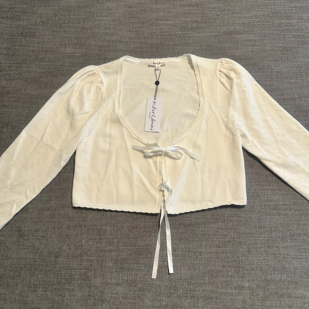 For Love & Lemons Cropped Cardigan Women L Cream NEW Ribbon Tie Pointelle Puff